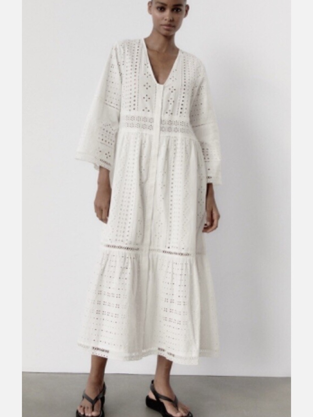 Zara Oyster White Eyelet Midi Dress